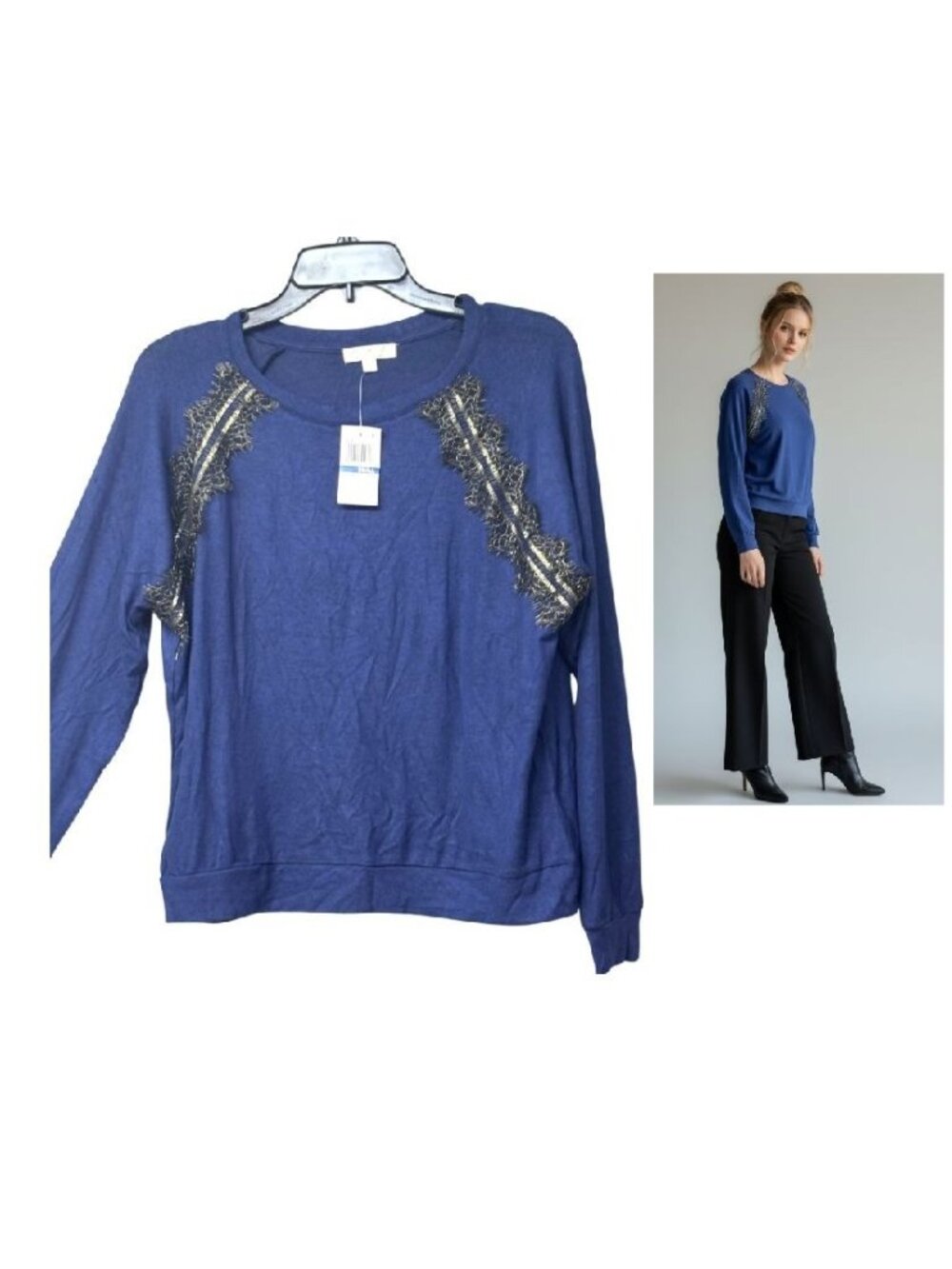 Ultra Flirt Junior’s Embellished Reglan Pullover Sweater, Blue Depths, Sz. S